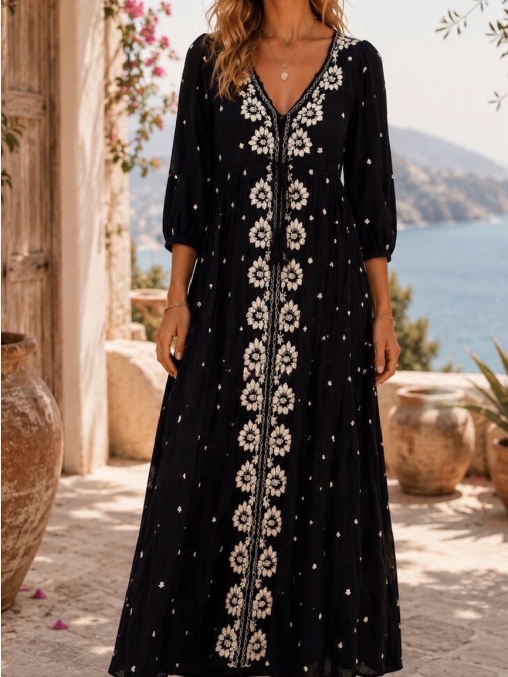 Free People Black Maxi Dress with Ivory Floral Embroidery